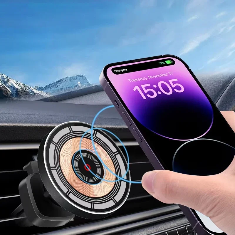Transparent Car Magnetic Wireless Charger For iPhone For MagSafe Air Vent Ring Strong Magnet Fast Charging Auto Mount Automatic