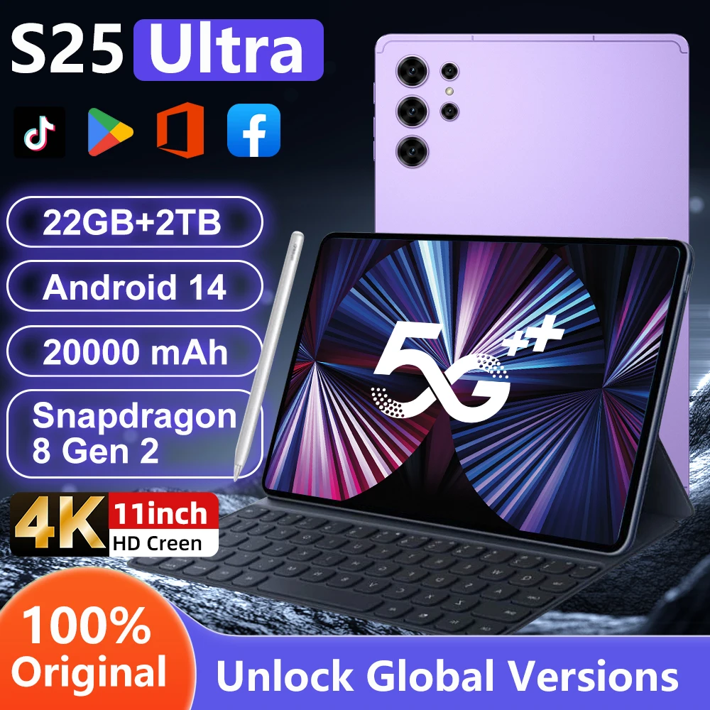 

2025 НОВЫЙ планшет, глобальная версия, оригинальный S25 Ultra Android 14, 11 дюймов, 16 ГБ + 1 ТБ, 5G, смарт-планшетный ПК с двумя SIM-картами и клавиатурой Wi-Fi