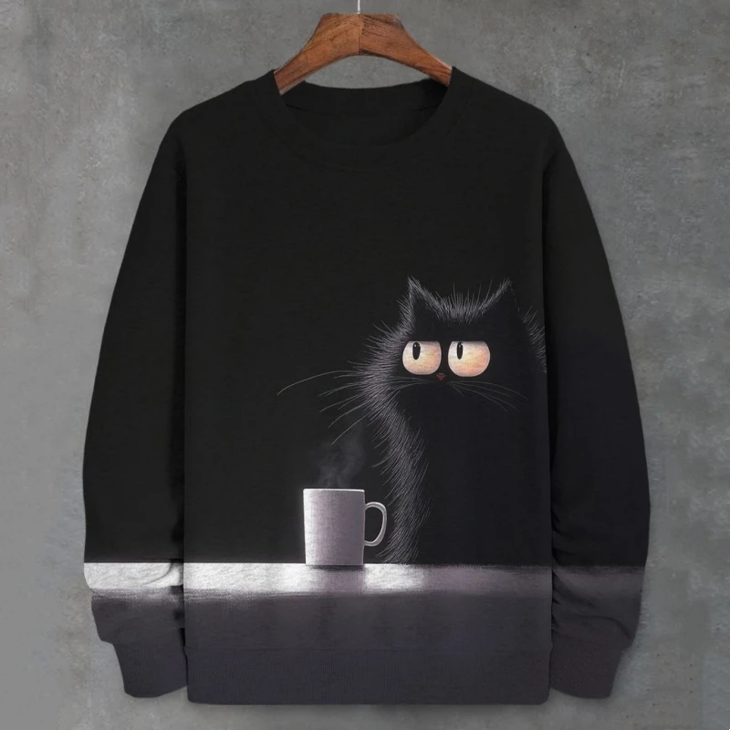 Sudadera divertida para hombre, camiseta de manga larga con estampado 3d de gato de dibujos animados abstractos, ropa para hombre, sudaderas de gran