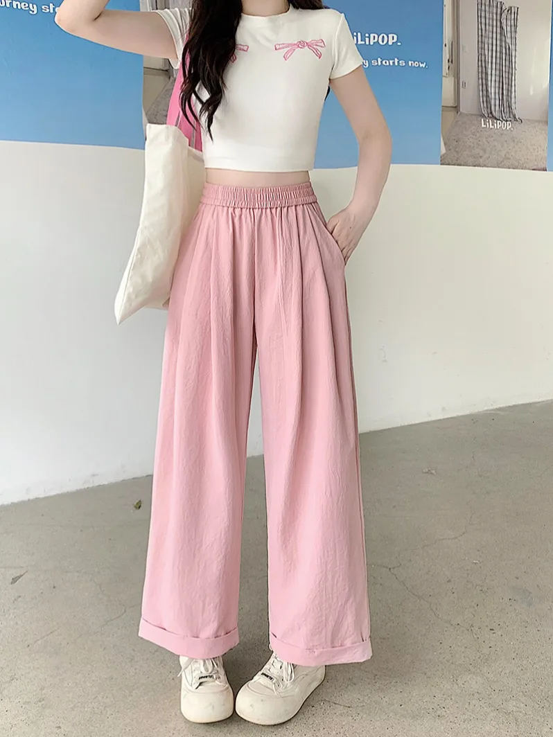 

Женские повседневные брюки с высокой талией и широкими штанинами, больших размеров, с эластичным поясом, укороченные, свободного кроя, летние, новинка, для фигуры типа «груша»