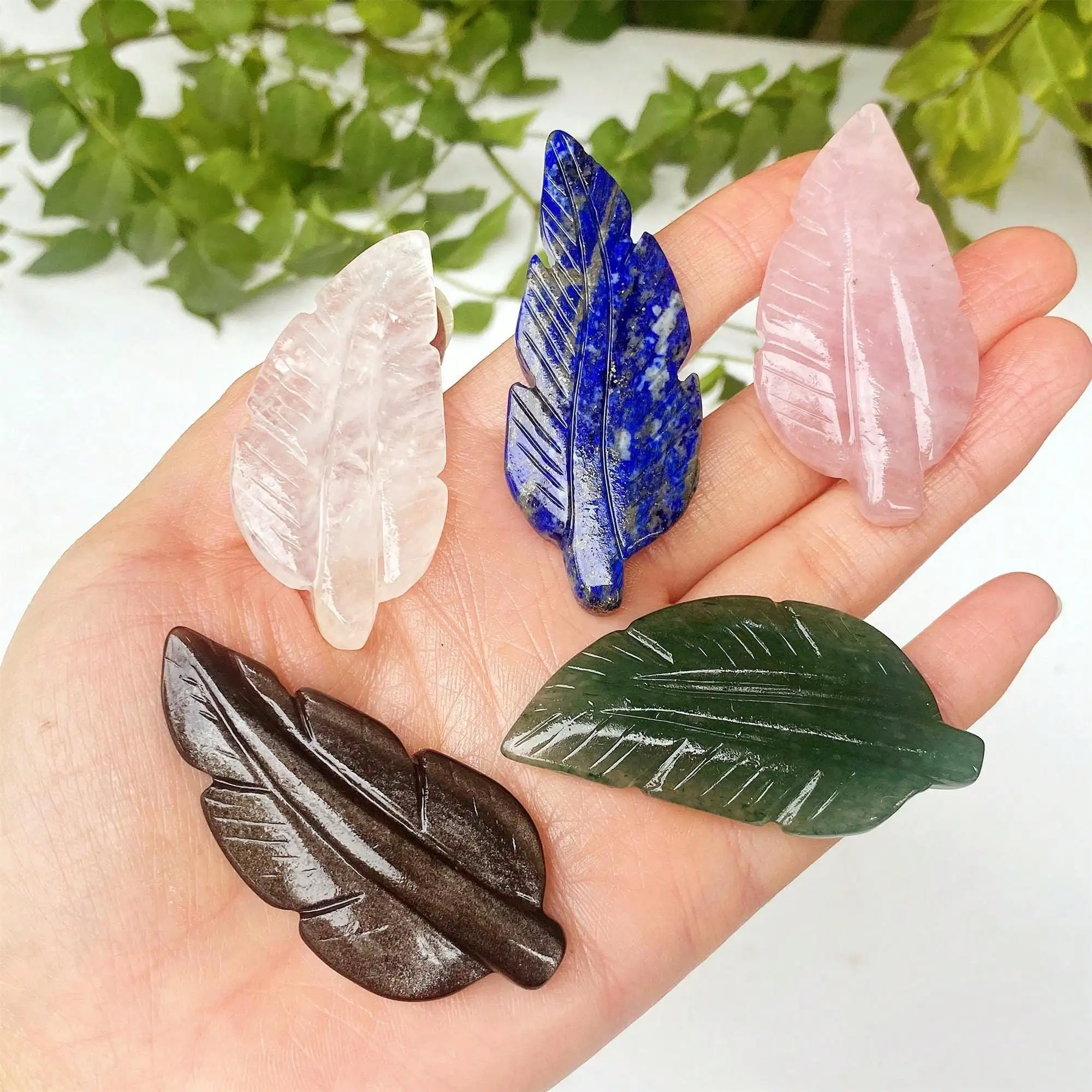 Natural Hand Carved Crystal Feather Sculpture Polished Gemstone Wing Symbol Freedom Reiki Healing Meditation Altar Decor Gift
