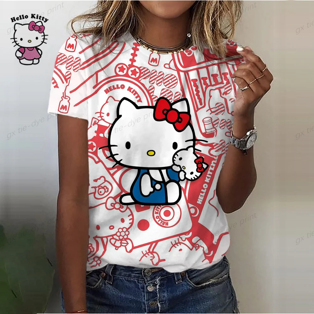 Summer Women clothing Cartoon Hello Kitty Print Oversized T-shirt Japanese Kawaii Streetwear Loose T shrit Y2k Harajuku Tops