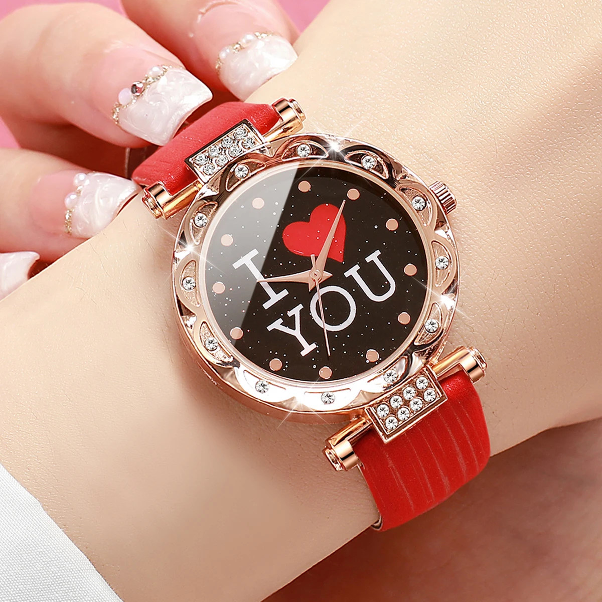 5PCS/Set Fashion Women\'s Watch Rhinestone Leather Band Quartz Watches Diamond Jewelry Set Gift For Mom（Without Box）