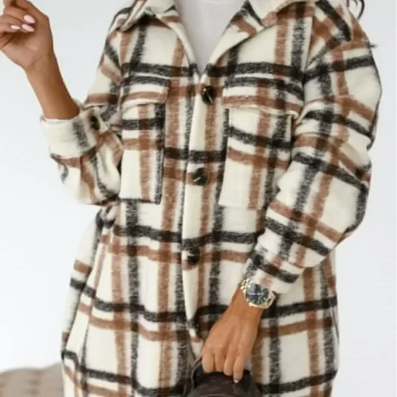 Mulher roupas de lã xadrez jaqueta manga longa roupas femininas trench moda comprimento médio calor casaco outono inverno espessamento