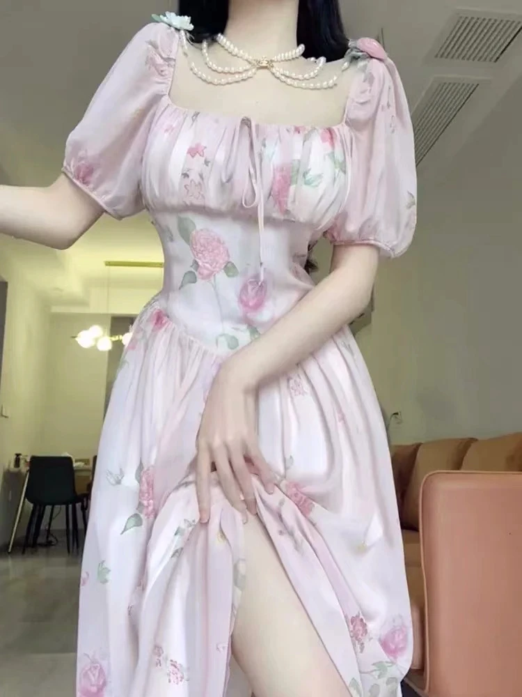 Corea stampa floreale abito rosa donna elegante colletto quadrato manica a sbuffo vacanza abiti Midi anche vestito da festa spiaggia coreano Vestido