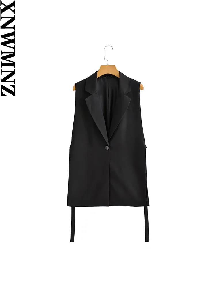 XNWMNZ 2024 Women Fashion With Taps Side Vents Waistcoat Vintage Sleeveless Front Button Outerwear Female Chic Vest Tops