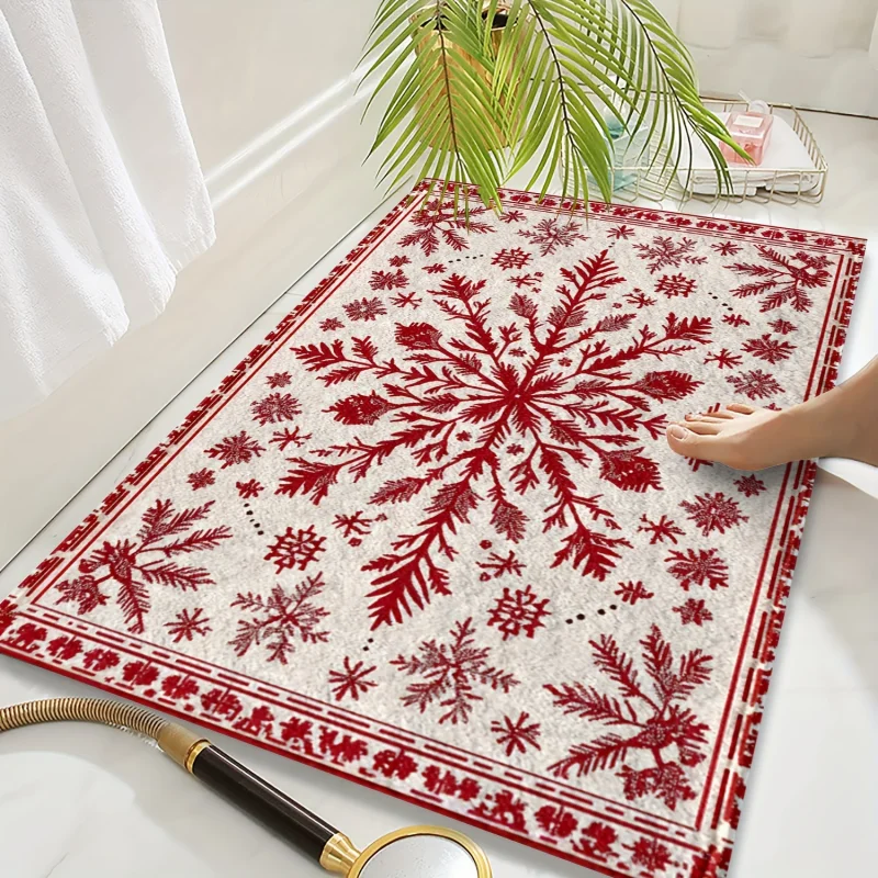 VIKAMA Red Snowflake Door Mat Winter Print Non Slip Rug For Entryway Front Door Christmas Holiday Decor