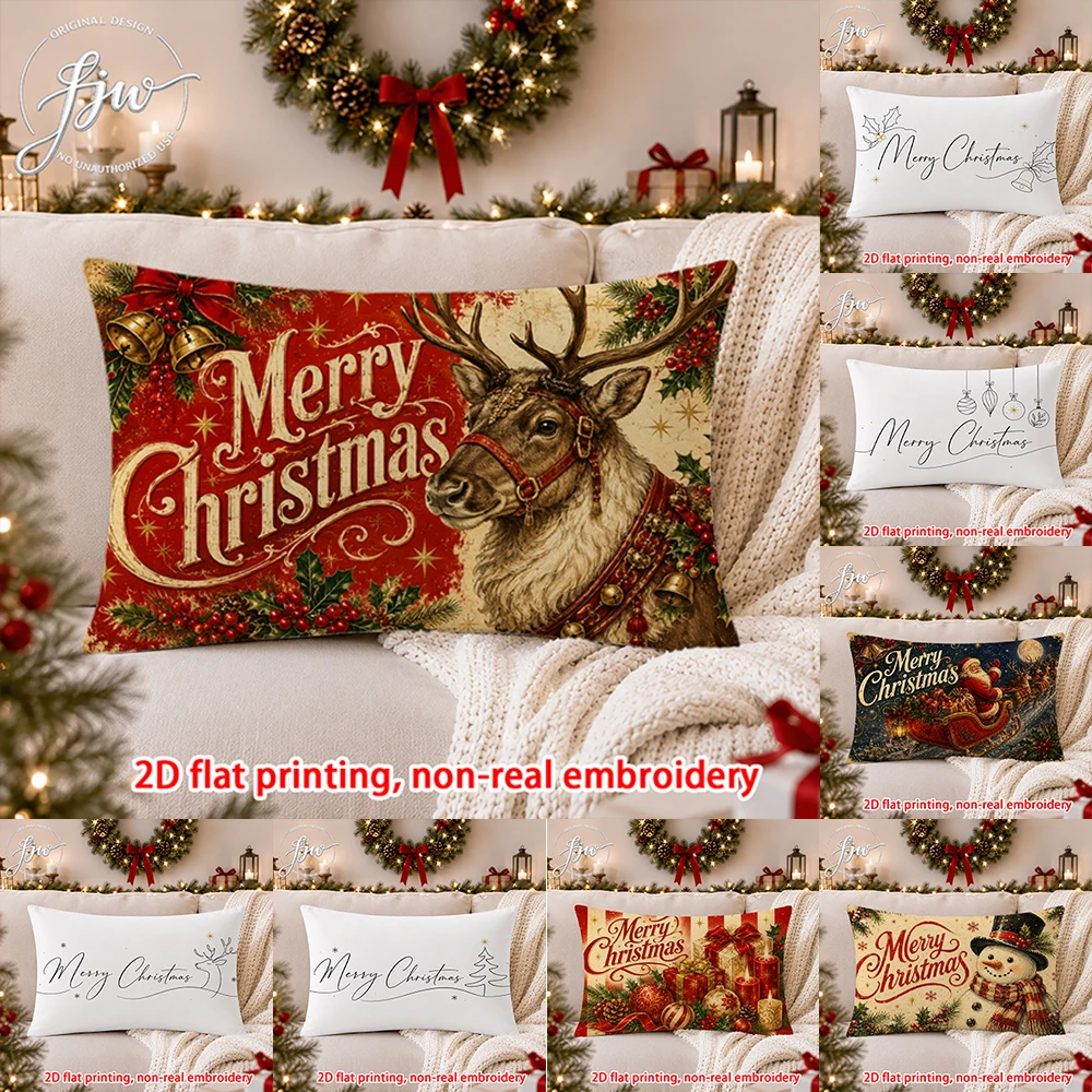 1PC Vintage Christmas Pillow Cover, Retro Deer Snowman Santa Cushion Case for Sofa Couch Holiday Decor