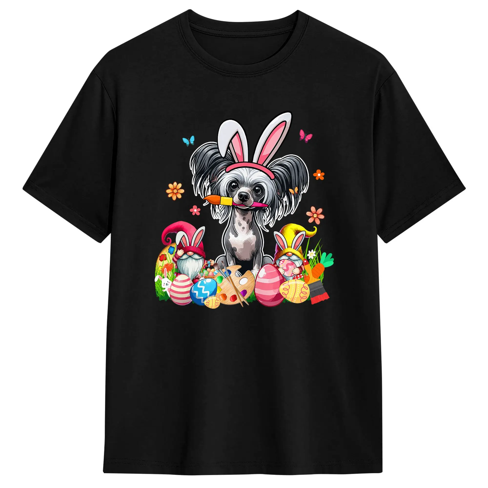 Chinese Crested Dog Bunny Painting Easter Eggs T-Shirt Men  Funny T Shirts Beach Breathable Harajuku Tee Shirt Plus Size Clothes