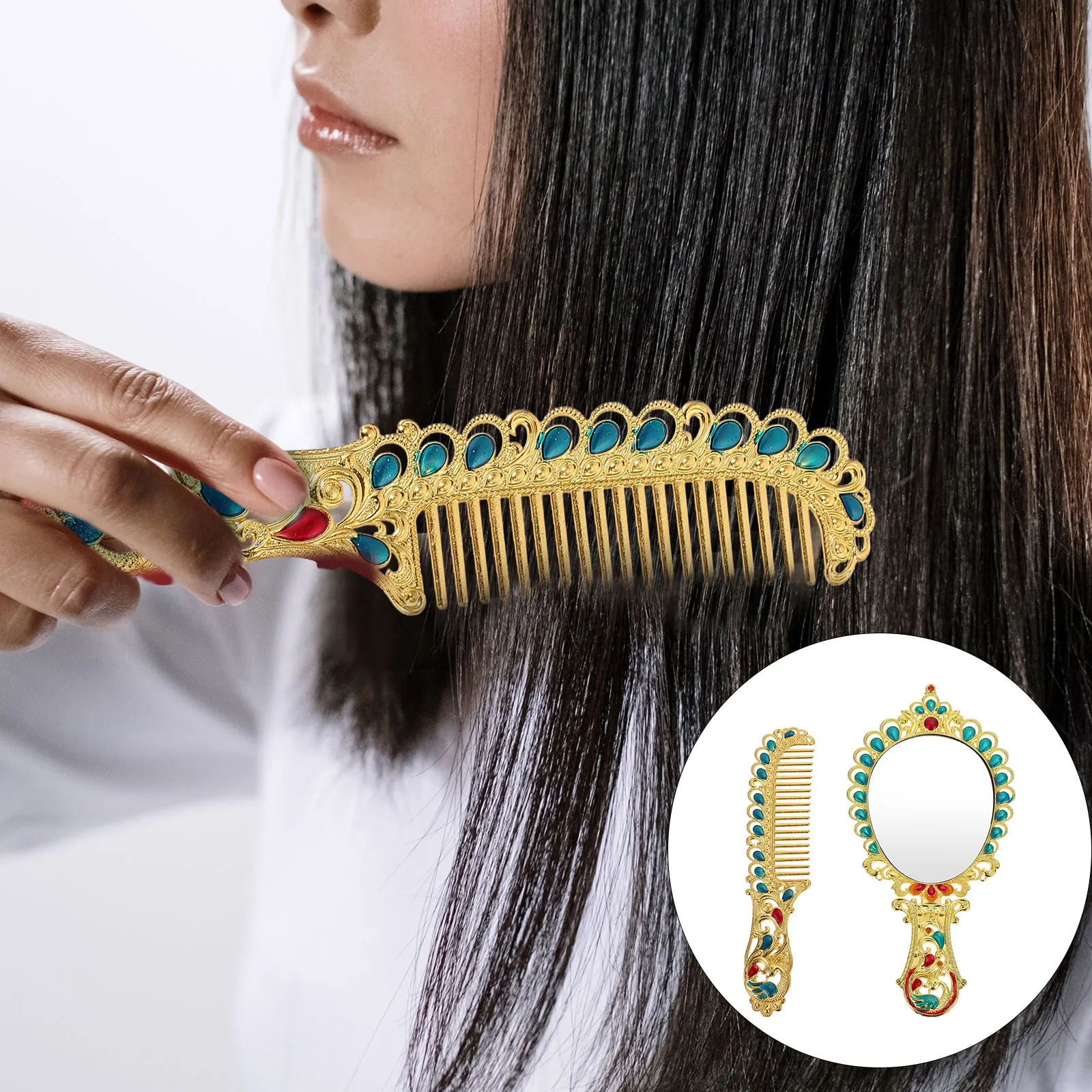 

1Set Compact Metal Makeup Mirror Comb Set Exquisite Design High Definition Clear Surface Pocket Size Gift for Girls