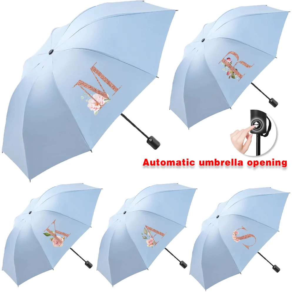 

Automatic Umbrella Portable Sunshade Sunscreen Blue Handle Foldable Use Rain Umbrellas Travel Sun Rain Dual Rose Gold Printing