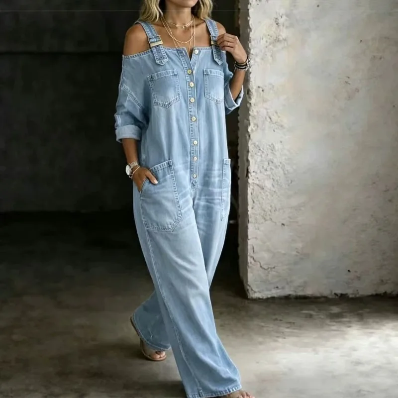 Luxury Sexy Off-the-shoulder Straps Pockets Denim Jumpsuits Wide-leg Jumpsuit Women Rompers Overalls Buttons Blue Jeans Trend