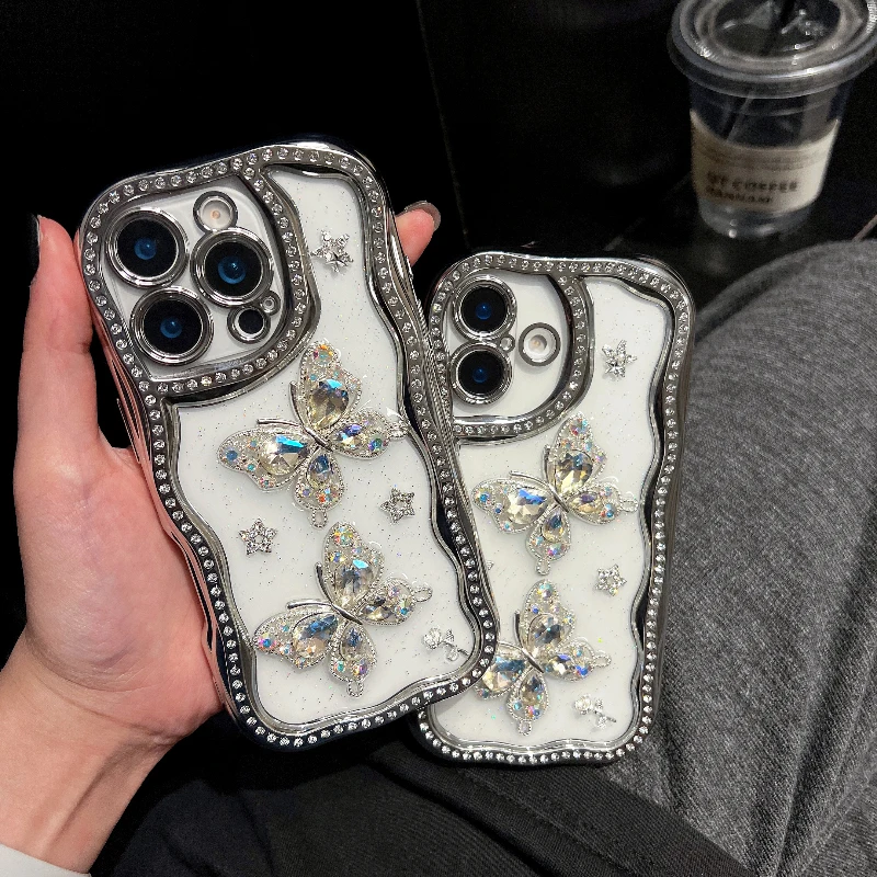 

For iPhone 17 16 15 Pro Max Luxury Plating Flash Diamond Butterfly Glitter Phone Case For iPhone Shockproof Protective Cover