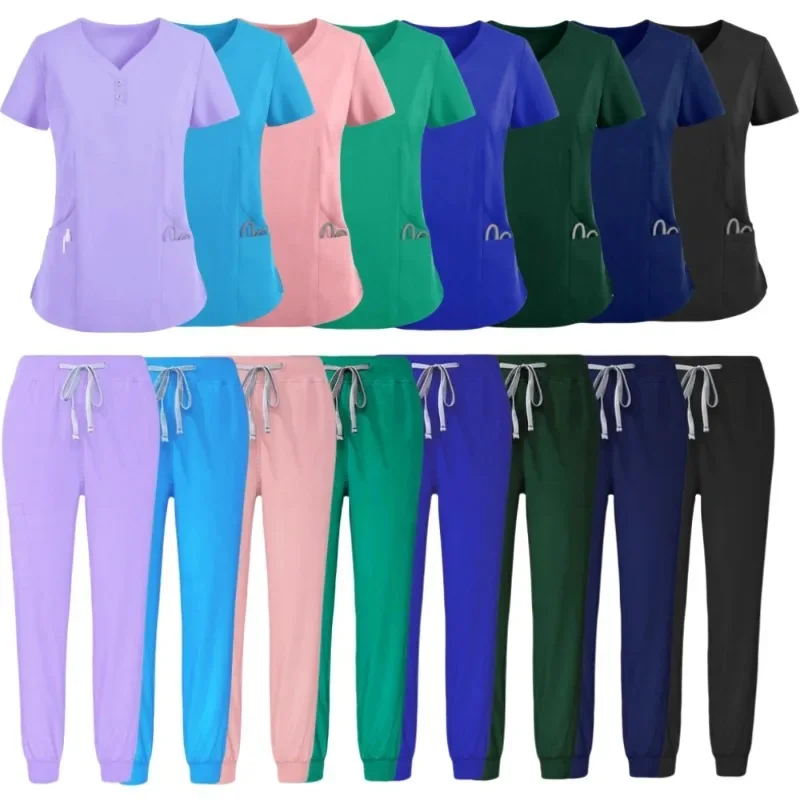 

Nursing Scrub Set for Women's Uniforms Pet Grooming Short-sleeved V-neck Button-up Top and Pants Doctor's Surgical