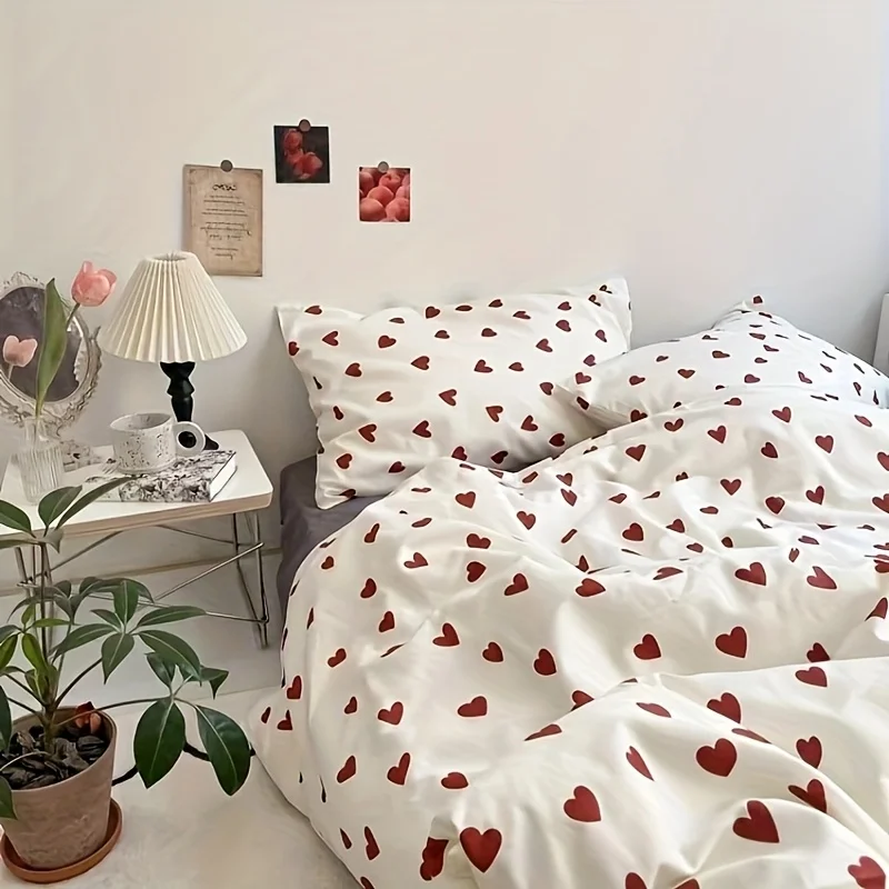 3/4pcs Bedding Set Pure Cotton Love Print Includes 2 Pillowcases Quilt Cover and Down Comforter Cover Combination Cute Bed Set