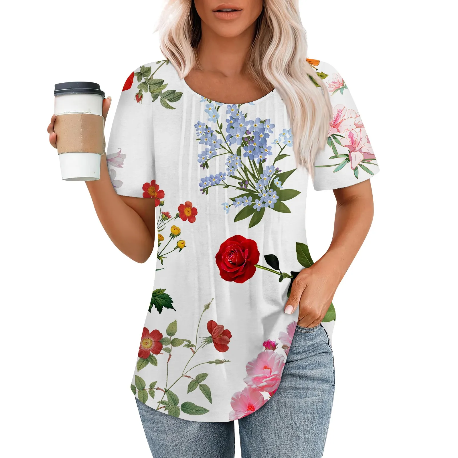 

Casual Summer T Shirt Women 2024 New Short Sleeve Round Neck Loose Oversized Tops Streetwear Ladies Floral Printed Tee Clothes