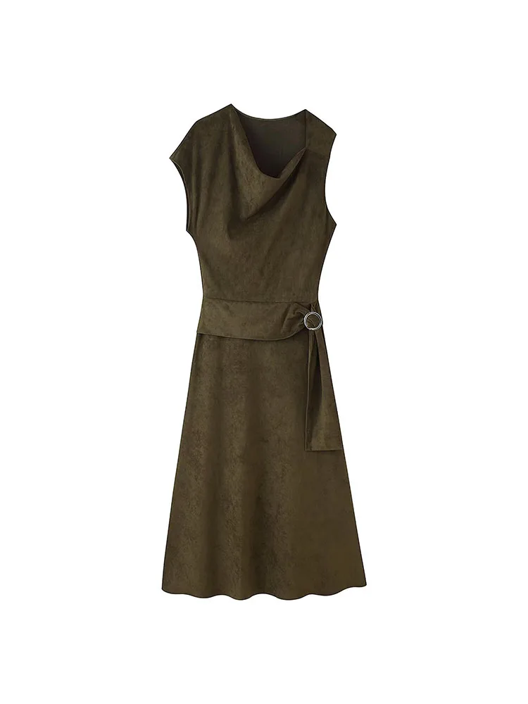 

HH 2026 Faux Suede Asymmetric Dress Women Fall Winter New Stand Collar Fake Suede Irregular Hem Urban Chic Slimming Dress