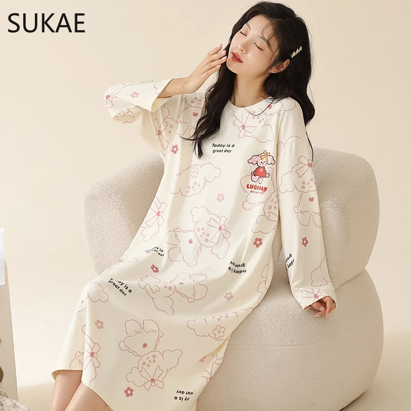 SUKAE Spring New Faux Cotton Long Sleeves Nightgowns Casual Lazy Sleepshirt Cute Duck Women Nightwear Leisure Milk Silk Lingerie