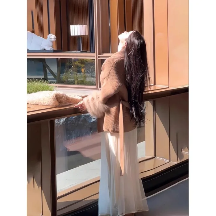 カーキレトロチェック柄ロングスリーブニットセーターコート女性の秋冬怠惰な服装エレリーレディスレニットトップ