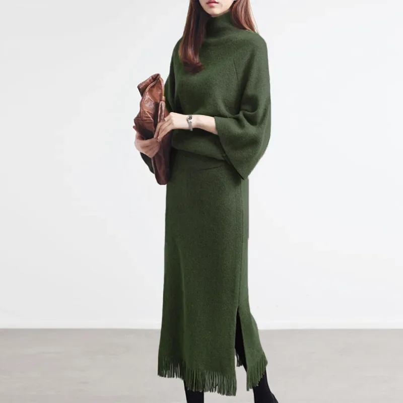 Autumn Women's Knitted Suit Fashion Casual Solid Color Loose High Collar Pullover Sweater Long Fringe Skirt 2pcs Matching Set