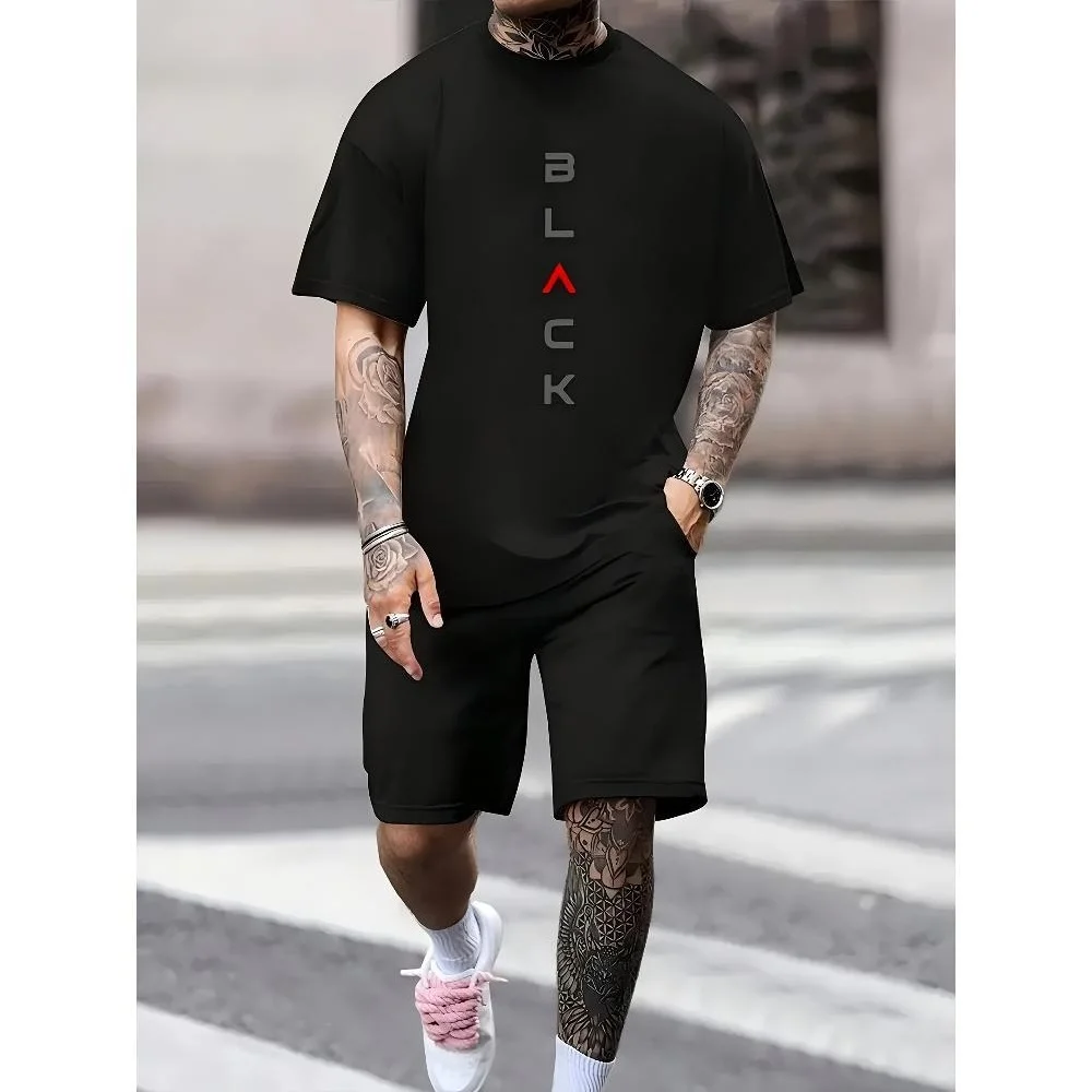 

Men's Large Size Black and Red Bold Letter Printed Short Sleeve T-Shirt - 100% Cotton 180g Lightweight Summer Casual Top