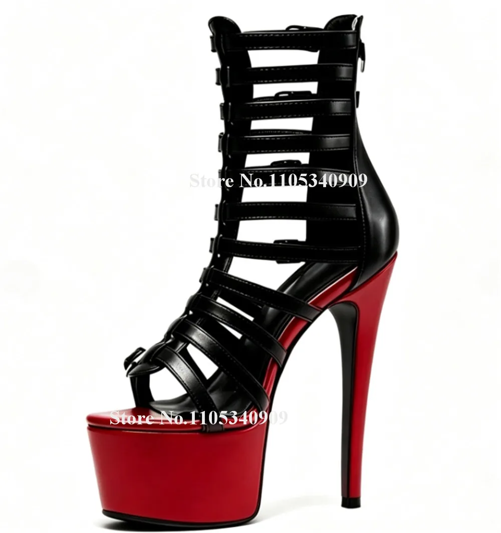 

Bondarenko Fashion Straps Cross Stiletto Heel Sandals Open Toe Black High Platform Cut-out Thin Heel Party Heels Dance Shoes