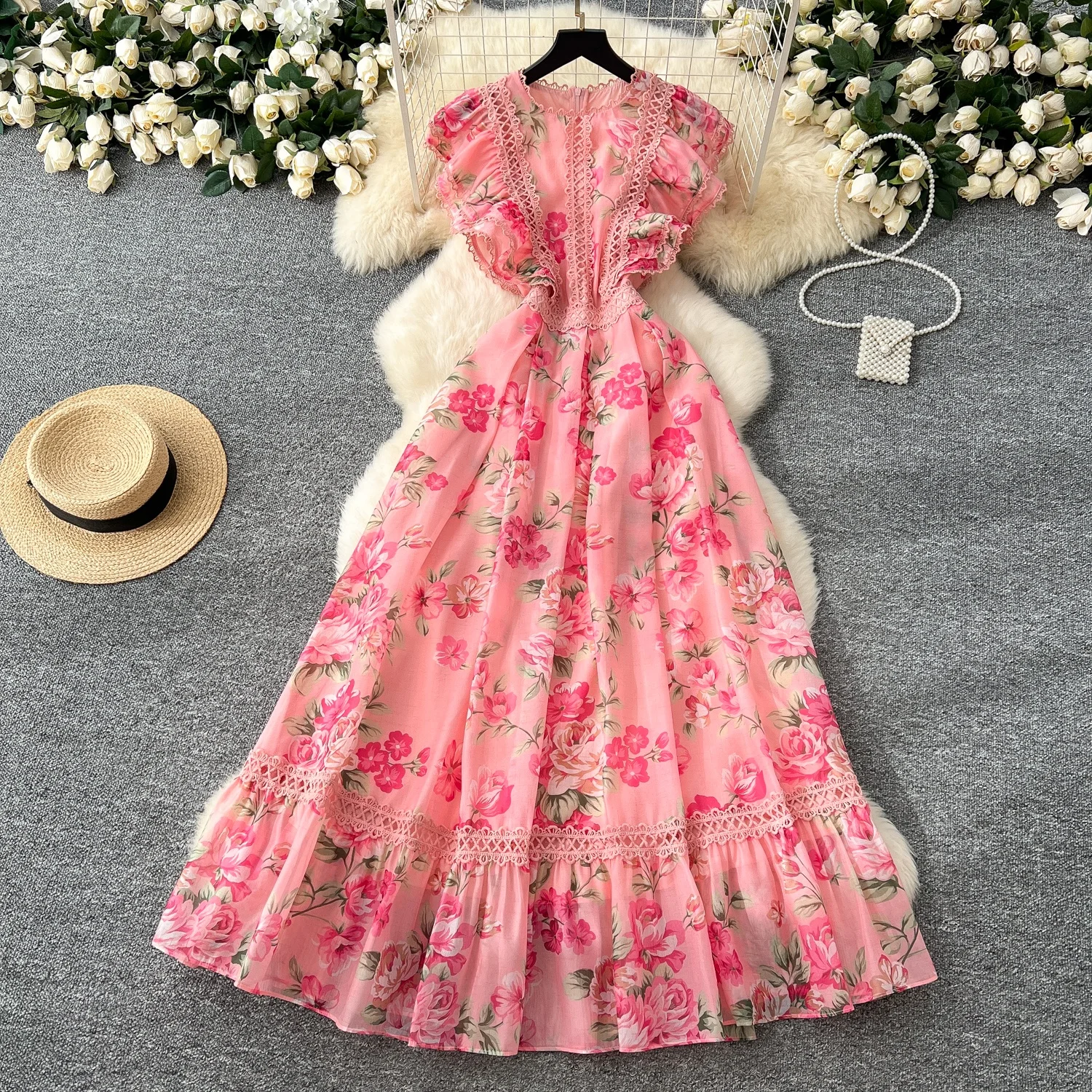 

Clothland Women Fashion Lace Patchwork Floral Maxi Dress Ruffles Sleeveless A Line One Piece Ankle Length Dresses Mujer QD909