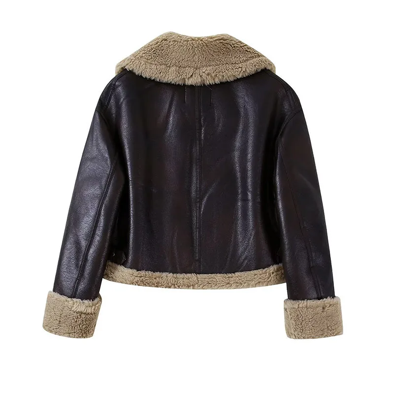 Winter Korean Thick Warm Faux Lamb Wool Leather Jacket Women Short Motorcycle Coat Beige Brown Lapel Long Sleeve Female Outwear