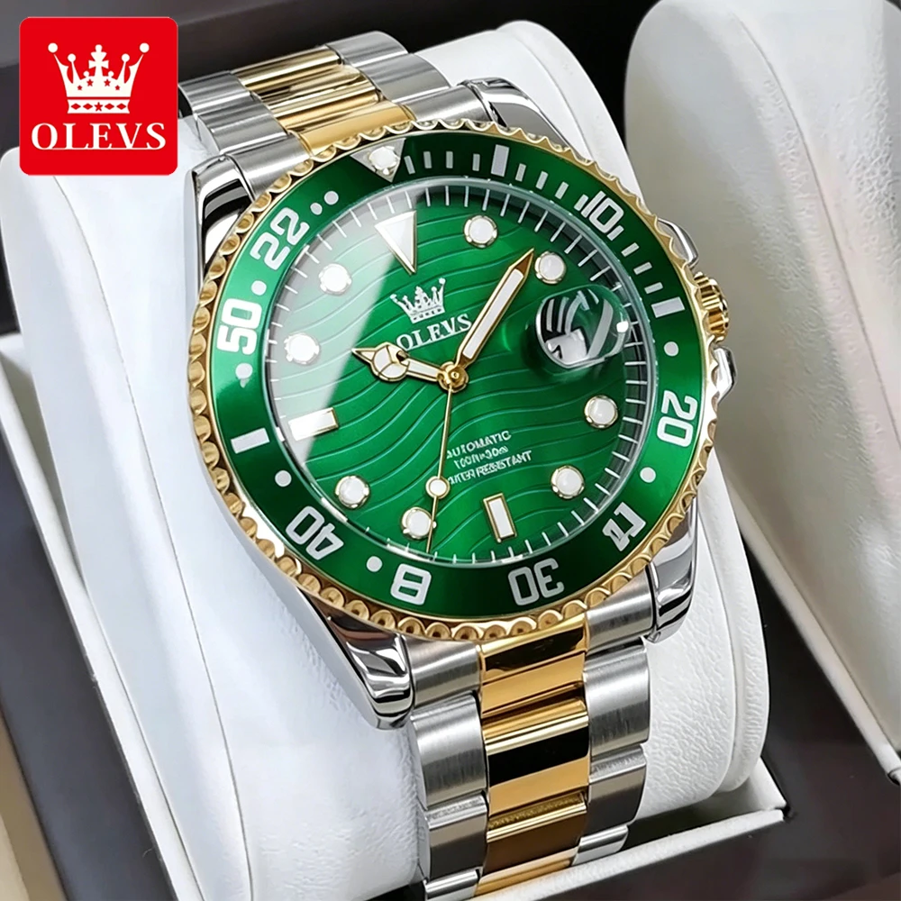 OLEVS Men Watches Trend Classic Wavy Dial Diving Timing Bezel Original Quartz Wristwatch Waterproof Luminous Date Fashion Dress