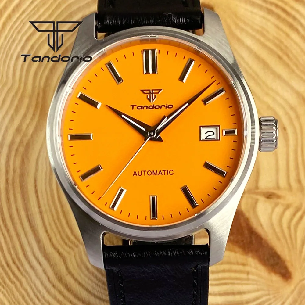 Tandorio 39Mm Pilot Eenvoudige Nh35a Heren Automatische Horloges 20bar Datum Saffier Kristal Groene Lichtgevende Schroef Kroon Leren Band