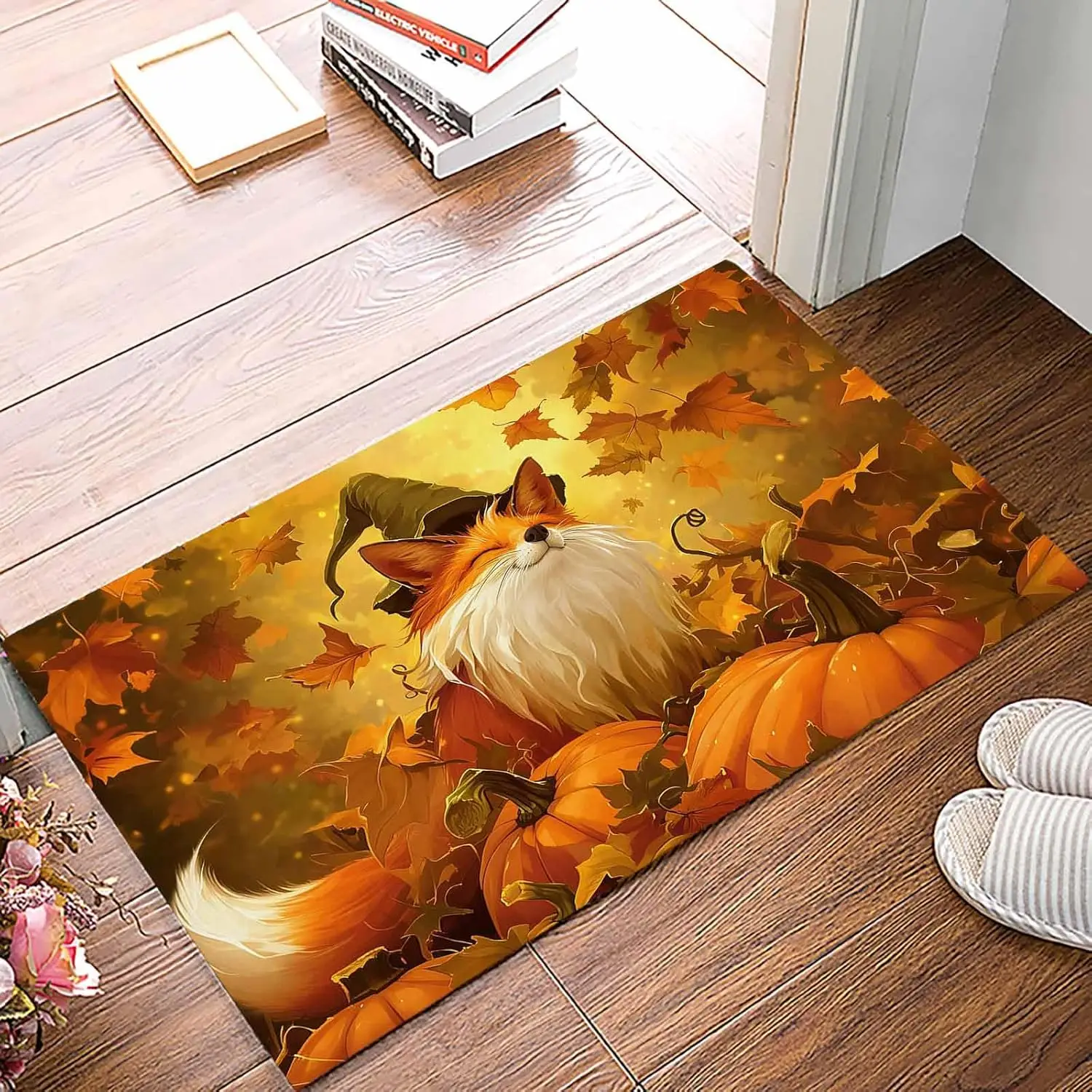 Felpudo de entrada de hojas de arce, calabazas de animales de Acción de Gracias, decoración de cocina, pasillo, balcón, baño, alfombrilla antideslizante para pies
