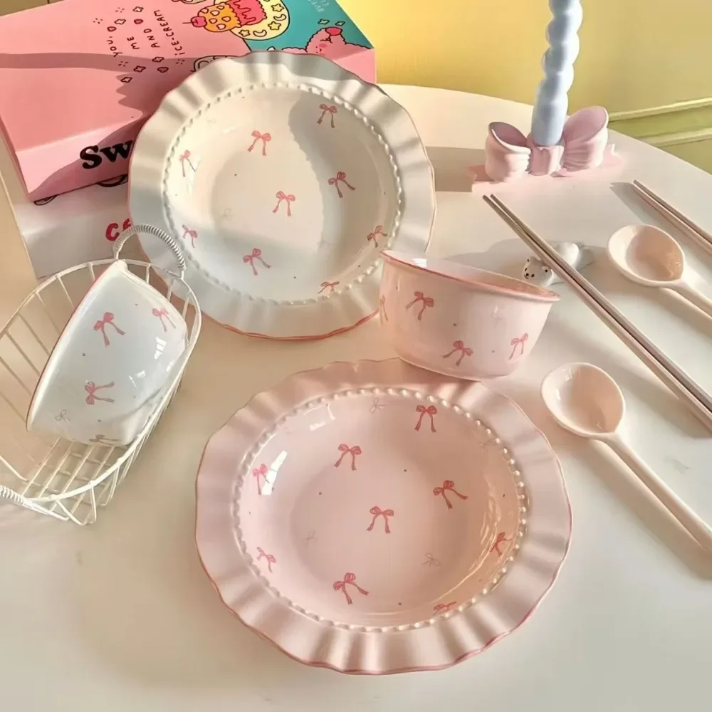 Pink Bow Rice Bowl,Ceramic Bowls Spoons Plates Underglaze Color High Value Tableware Dessert Bowl Set Unique Serving Plate