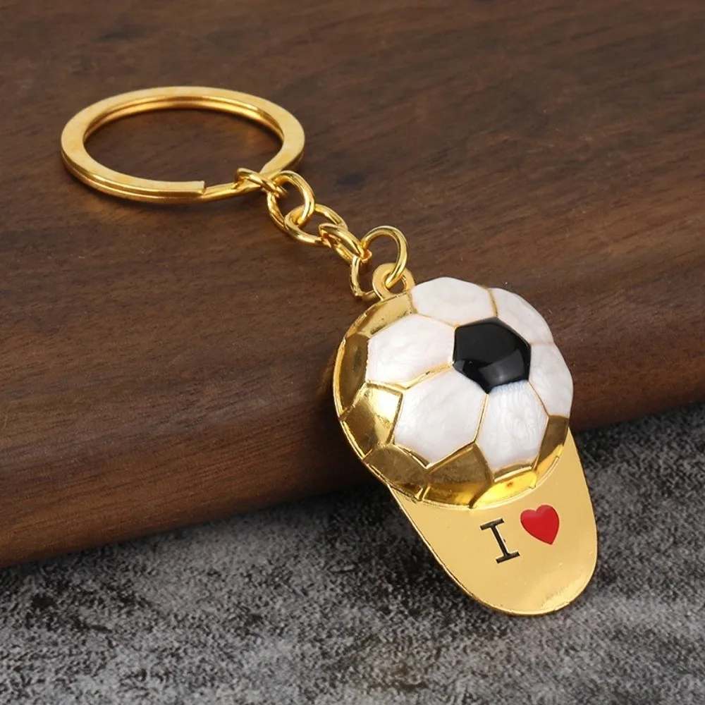 PVC Football Keychain Lightweight Faux Golden Car Keyring Heart Printed Cartoon Style 3D Ball Shape Bag Charm Football Carnival