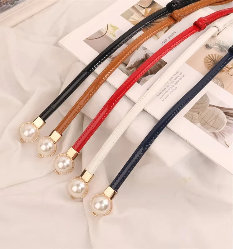 

Women's Elegant Pearl Thin Belt Adjustable Leather Tight Versatile Decorative Belt for Fashionable Accessories