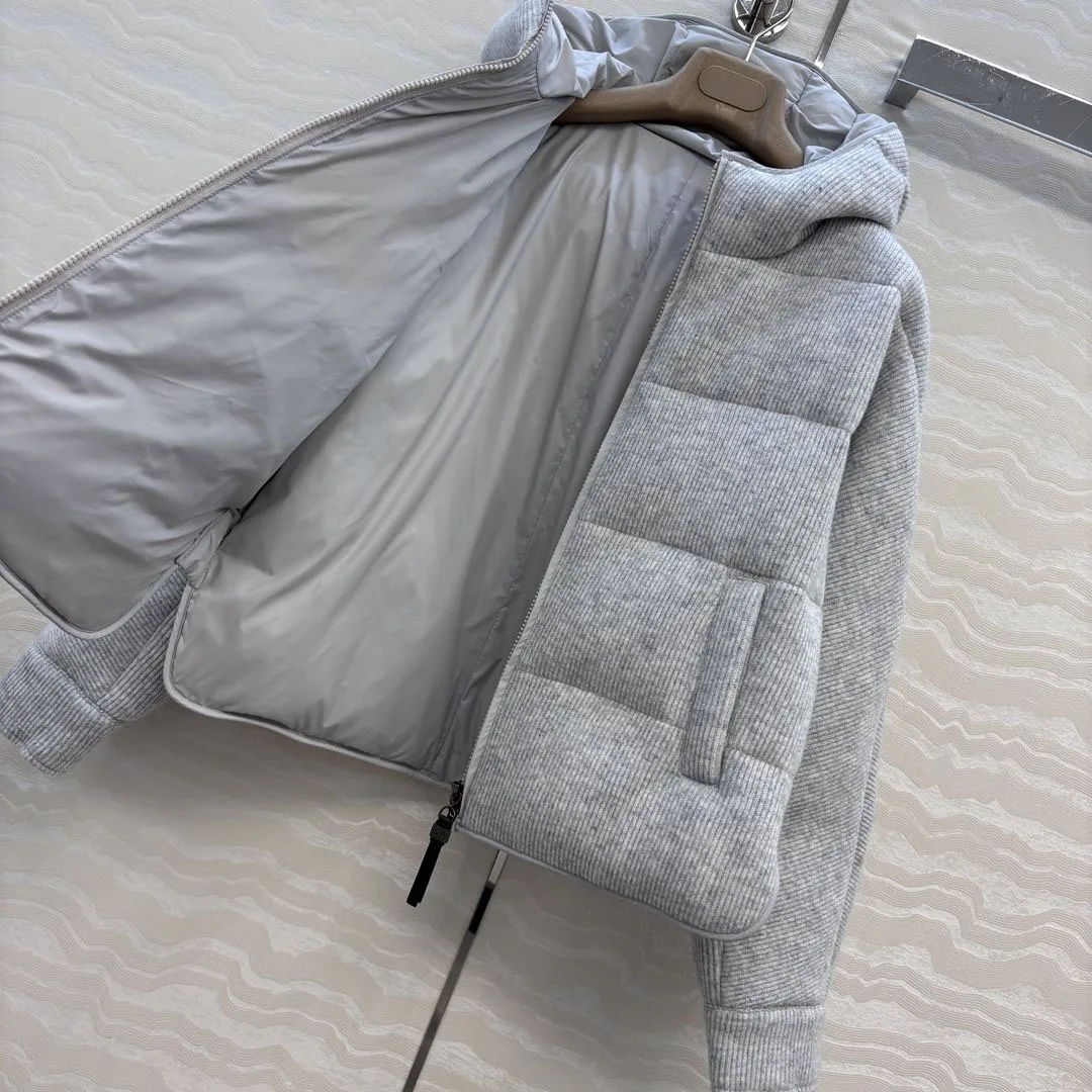 オールドマネースタイル 冬用 厚手 ホワイトグースダウンコート レディース フード付き 長袖 ルーズ ブレッドスタイル グレー ウールニット 暖かいジャケット