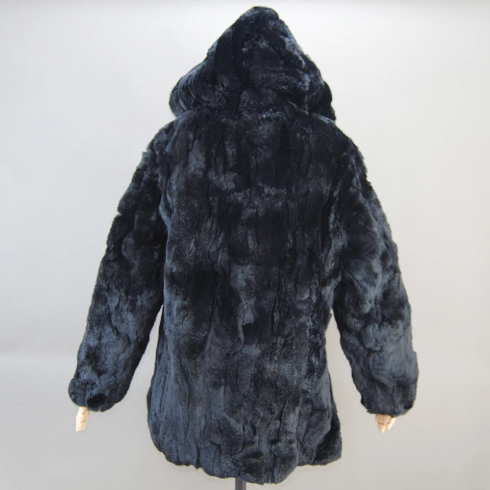 Lady Real Rex Rabbit Fur Coat Luxury Hooded Genuine Rex Rabbit Fur Jacket 2026 Fashion Women Whole Skin Real Rex Rabbit Fur Coat