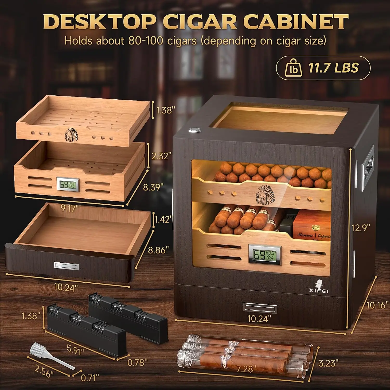 Cigar Humidor Cabinet, Glass Top & Adjustable LED Lighting, Digital Hygrometer, 2 Humidifiers, Cigar Tube, Desktop Cedar Wood