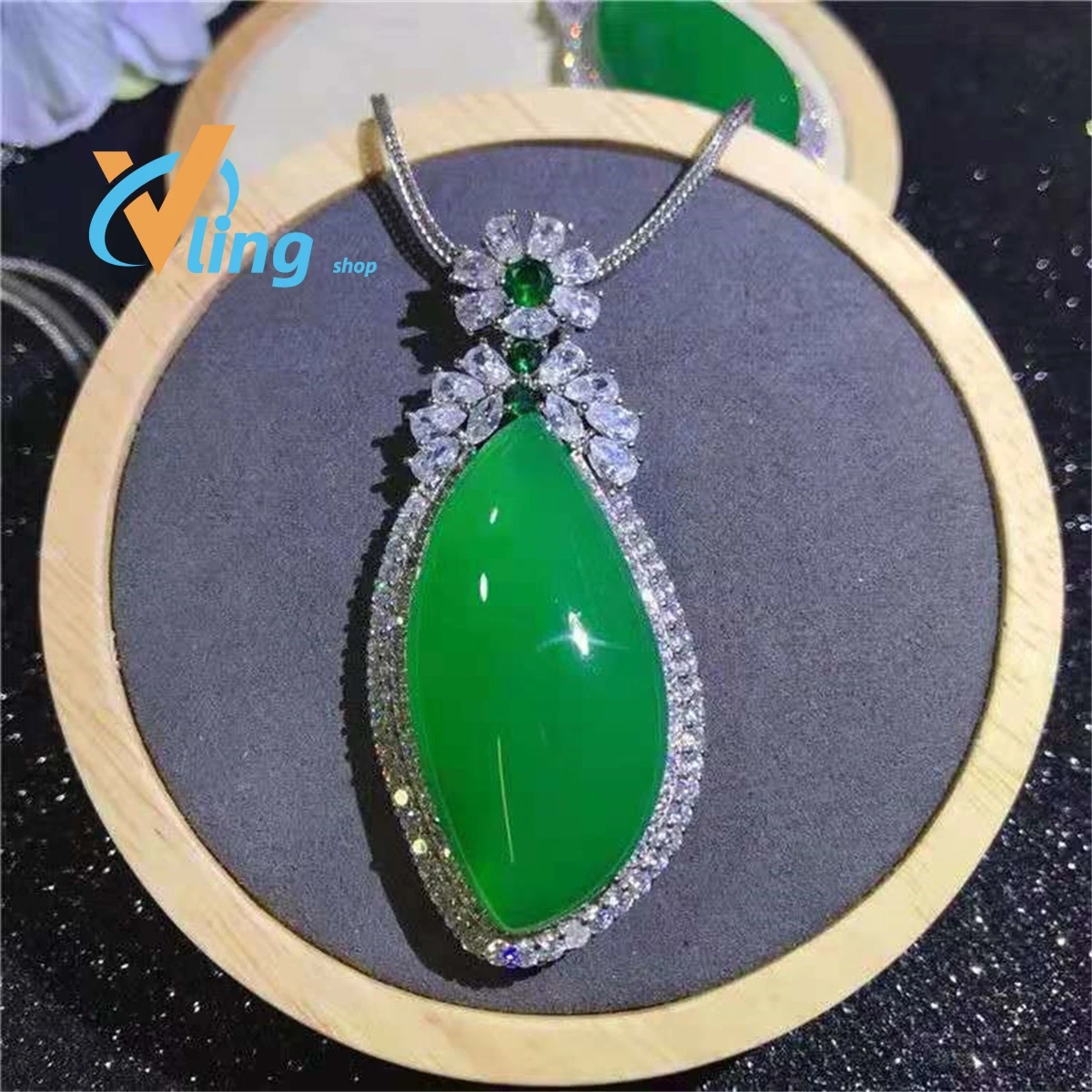 Green Chalcedony Water Drop Pendant Women's 925 Silver Inlaid High Ice Jade Necklace Gift Charm Retro Jewelry Exquisite Simple