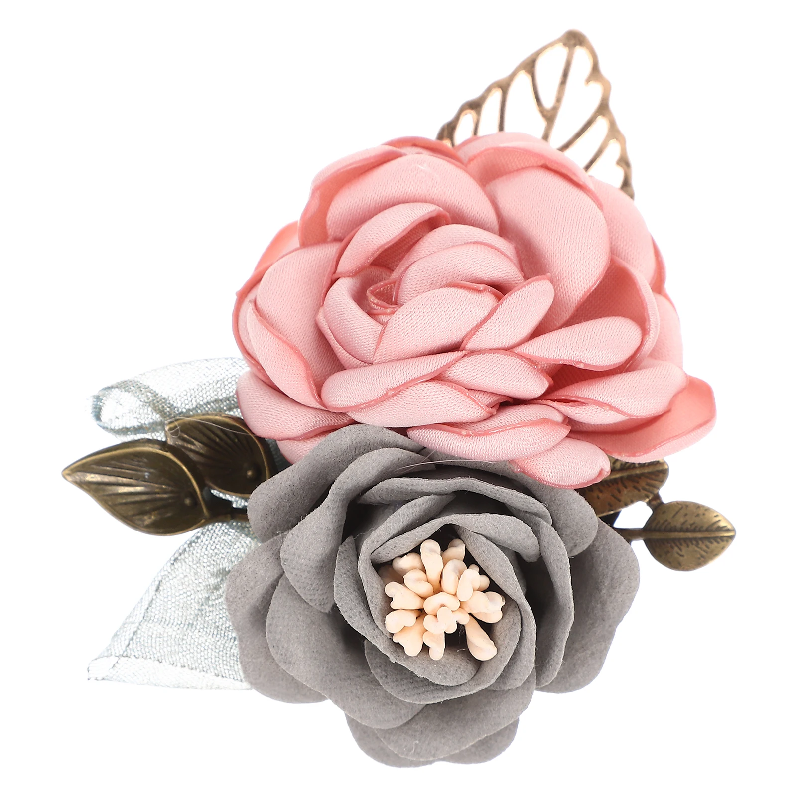 

Elegant Satin Artificial Flower Brooch Hair Clip Decoration Delicate Pink Corsage for Wedding Party Banquet Use