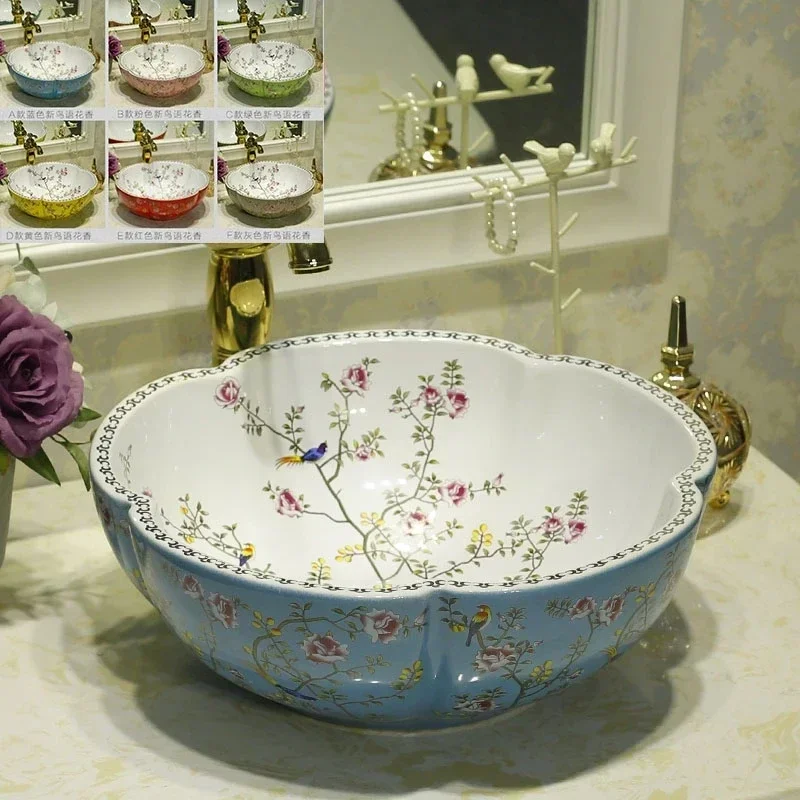 Blue Pink White Color Ceramic Countertop Wash Basin Bathroom Vessel Sink Bowl for Vanity Top with Flower Bird Design