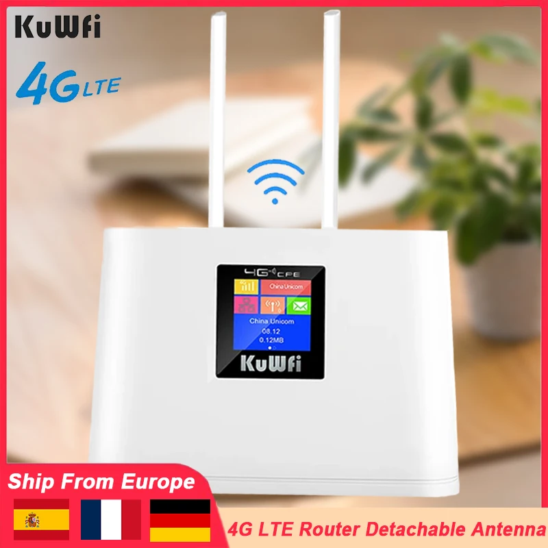 KuWfi CAT4 4G SIM Router 300Mbps Wireless Wifi Router LTE Router Modem Wi-Fi Hotspot Detachable External Antenna with LCD Displa