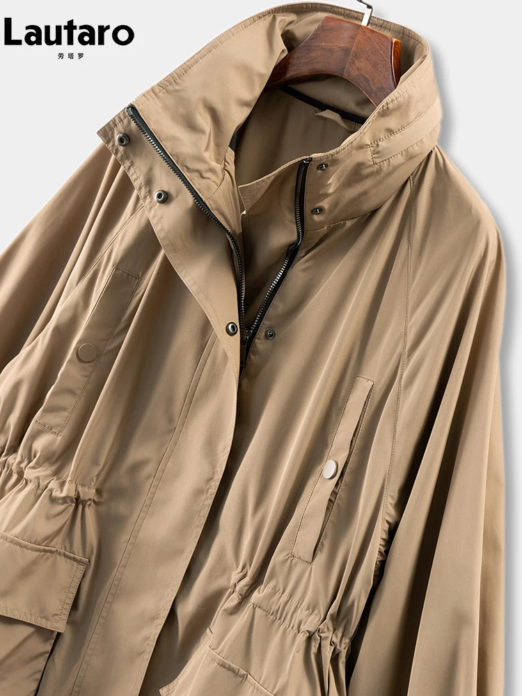 

Lautaro Spring Autumn Khaki Coat for Women Drawstring Waist High Quality Zip Up Luxury Brands Original Clothes 2026