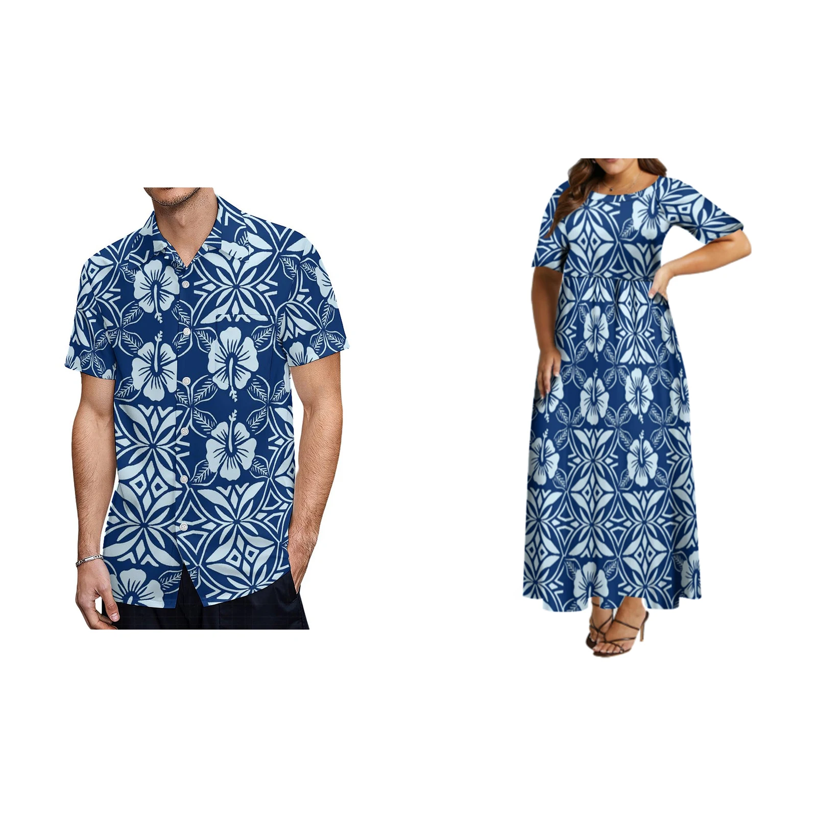 2024 New Woman Medium Sleeve Round Neck Dress Man Hawaii Short Sleeve Shirt Couple Matching Polynesian Wear Samoa Style