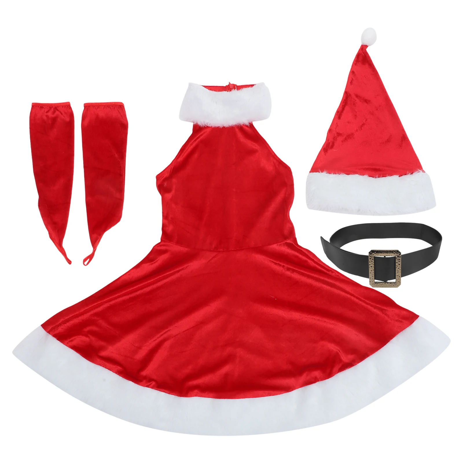 

Набор из 5 предметов: женский рождественский костюм (платье без рукавов, юбка, шапка, перчатки, пояс) для праздничных торжеств и вечеринок