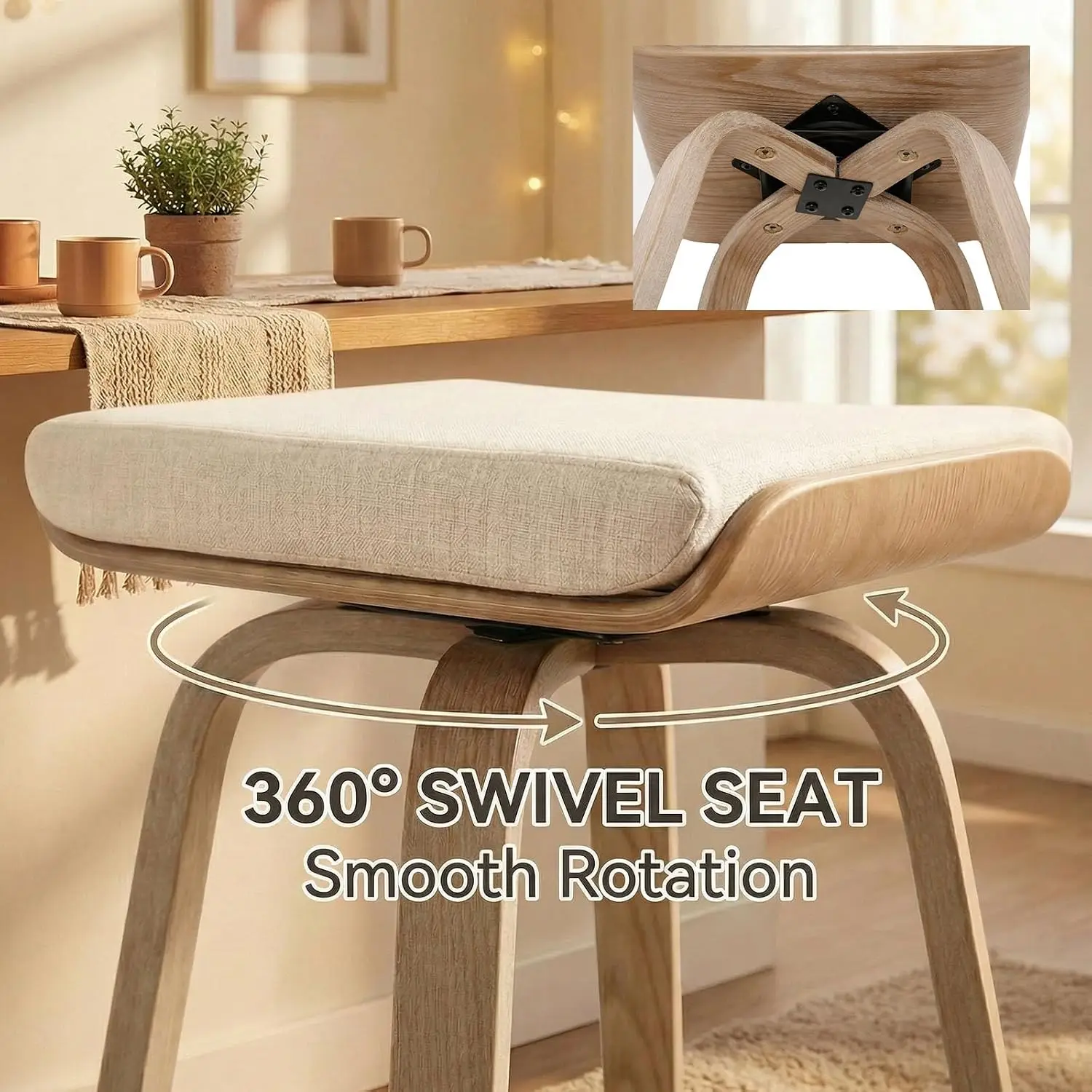 Swivel Bar Stools Set of 2 for Island Kitchen, 26 Inch Modern Backless Wood Counter Height Bar Stools Linen Upholstered 360 Swiv view 5