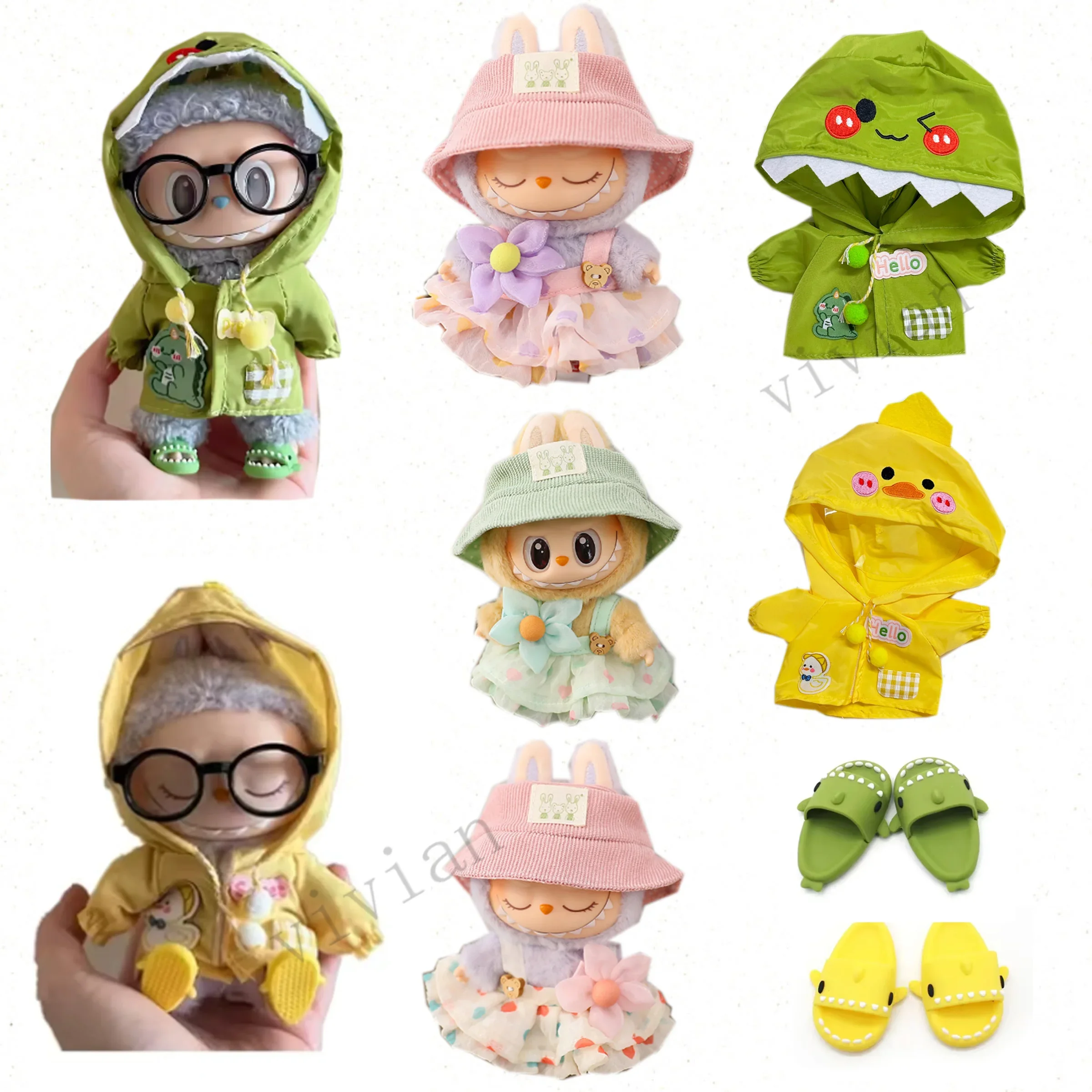 17cm mini roupas de boneca acessórios para coreia kpop exo labubu ídolo v1 v2 capa de chuva amor urso vestido chapéu conjunto roupas presente