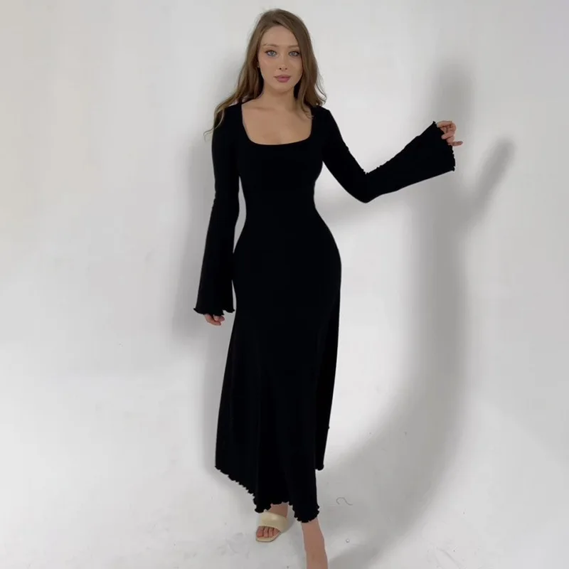 Women's Fashion Elegant Slim Fit A-swing Design Dress Soild Square Neck Long Sleeve Dresses For Women