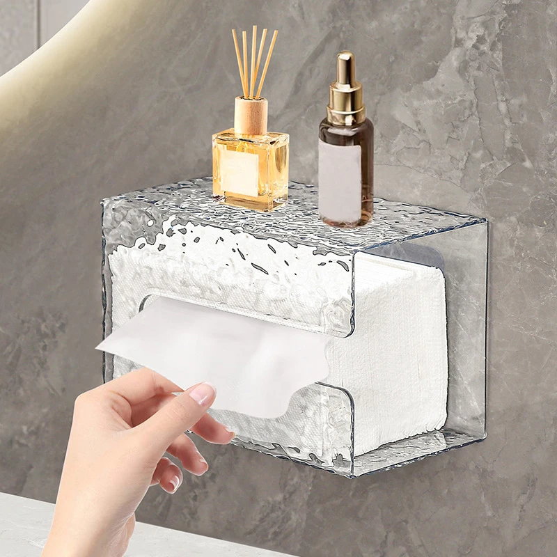 -Multipurpose Tissue Box Transparent Rectangular Tissue Storage Box Bathroom Wall Mounted Toilet Paper Case Desktop Napkin Box