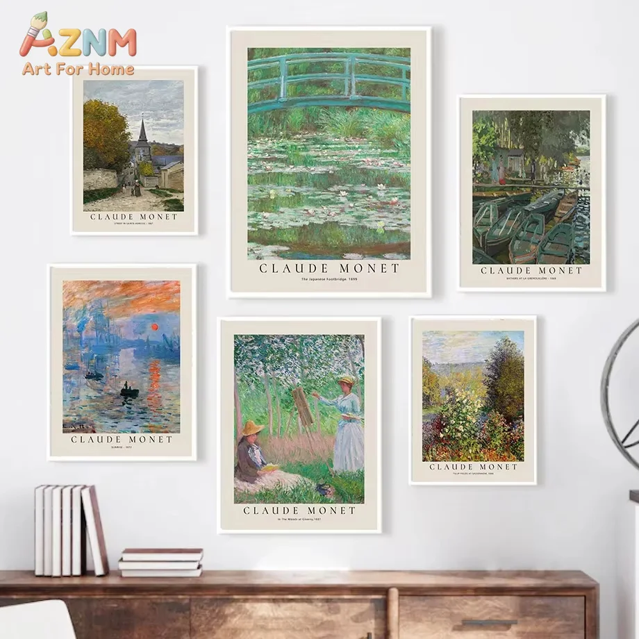 AZNM Claude Monet Impressionist Canvas Wall Art Water Lily Bridge River Boat Vintage Classic Landscape Gallery Unframed Canvas P