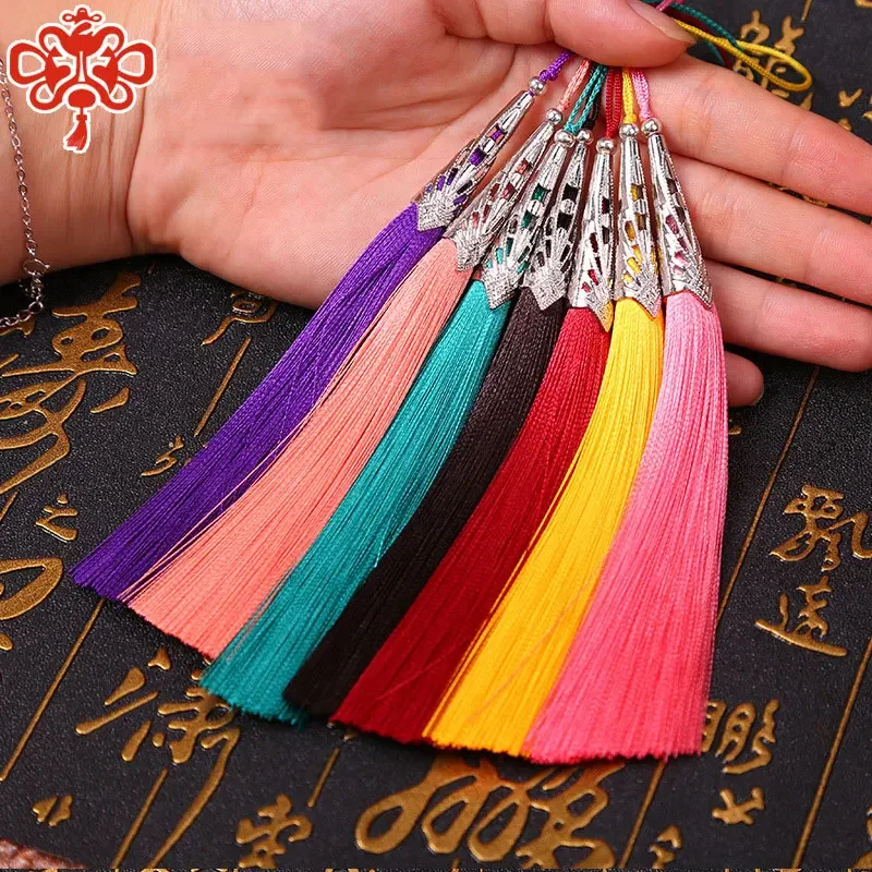 2PCS 14cm Cone Alloy Cap Silk Tassel Fringe Sewing Bang Tassel Trim Decorative Curtain Tassel for Earrings Accessories Tassel